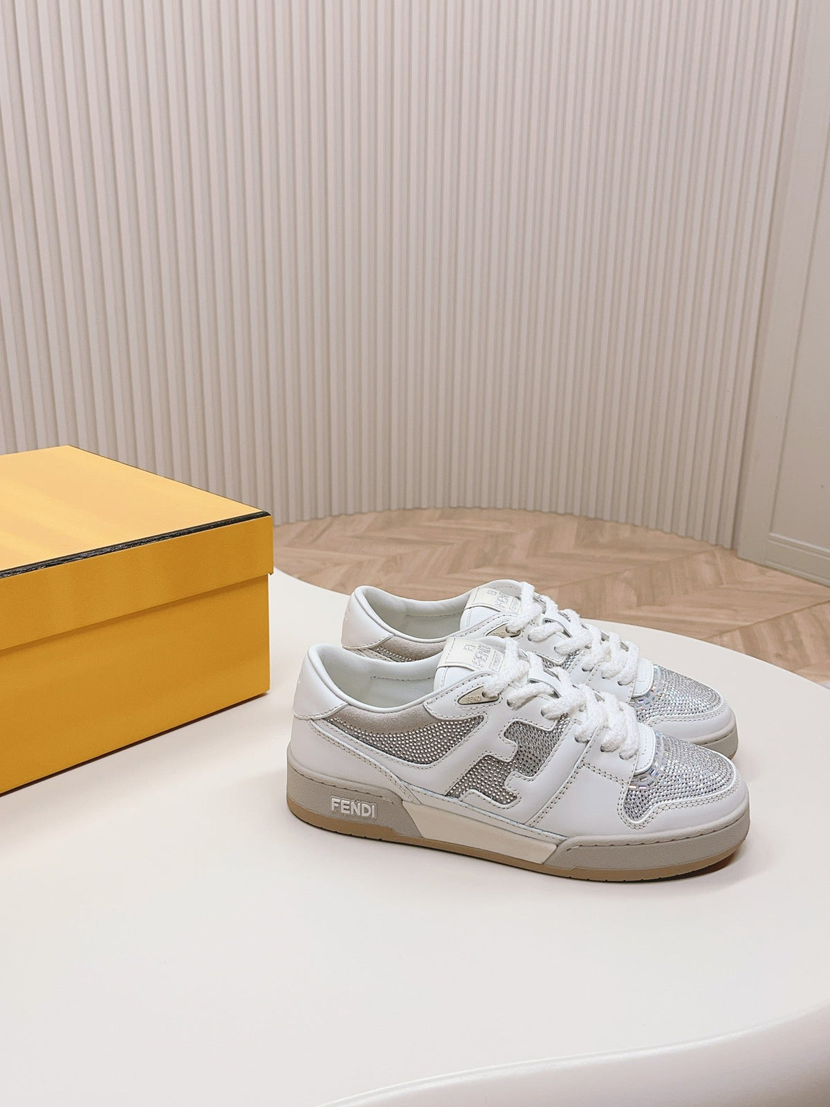 FENDI CASUAL SNEAKER IN WHITE CALFSKIN ATTACH RHINSTONES