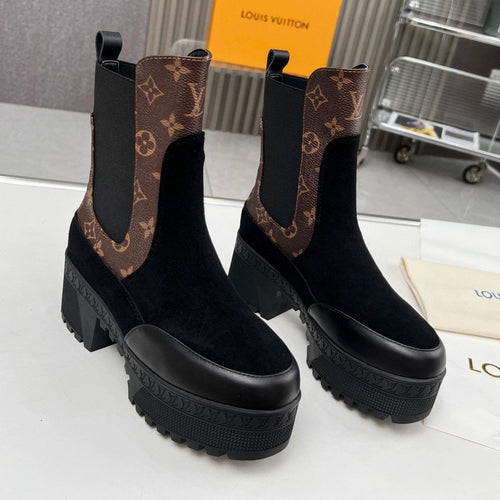 LV WOMEN SHORT BOOT IN BLACK SUEDE AND CHOCOLATE BROWN CALFSKIN