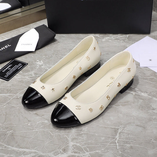 BALLET FLAT WHITE MIX BLACK SHEEPSKIN WITH RHINESTONES