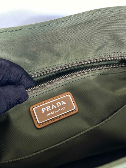 LARGE FLAP BAG 30 IN SEAWEED GREEN RE-NYLON AND BROWN CALFSKIN TRIM