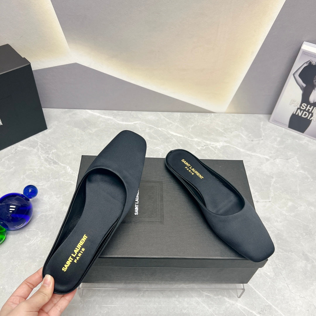 SL SQUARE TOE FLAT MULES BLACK SATIN