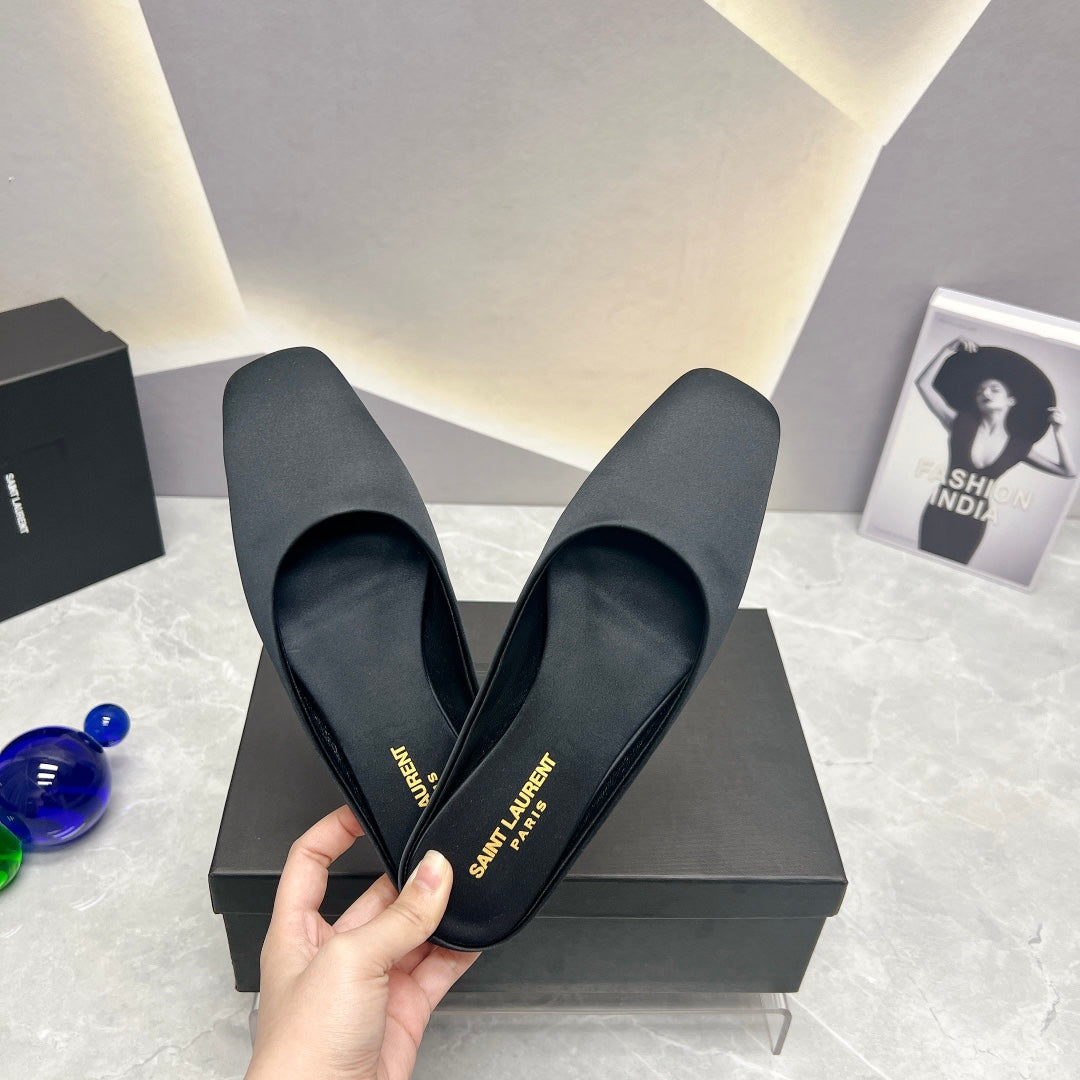 SL SQUARE TOE FLAT MULES BLACK SATIN