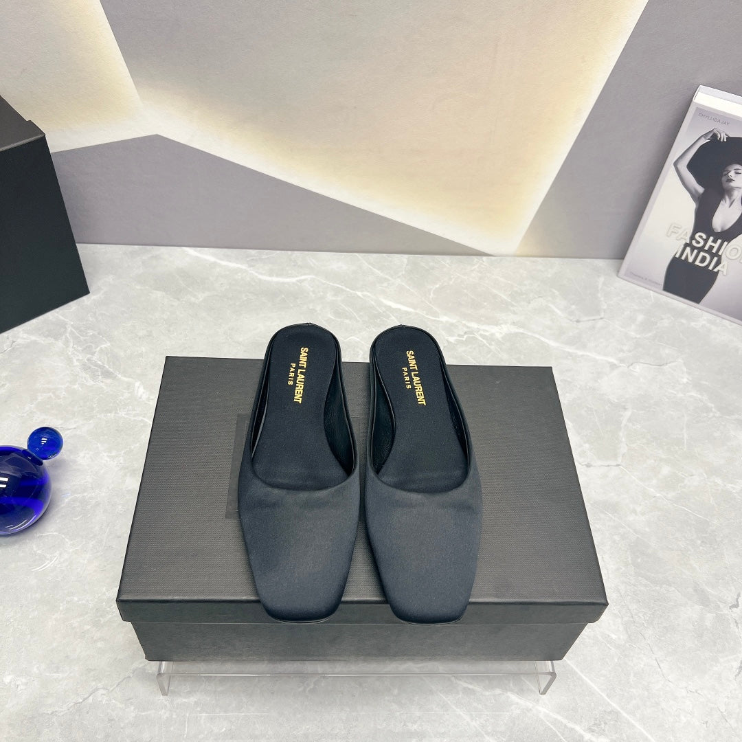 SL SQUARE TOE FLAT MULES BLACK SATIN