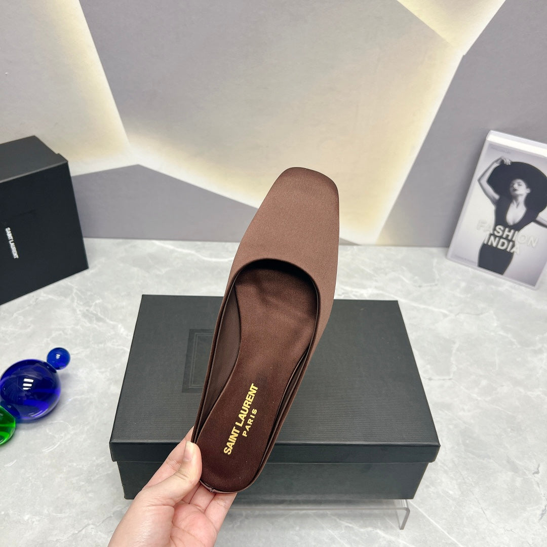 SL SQUARE TOE FLAT MULES BROWN SATIN