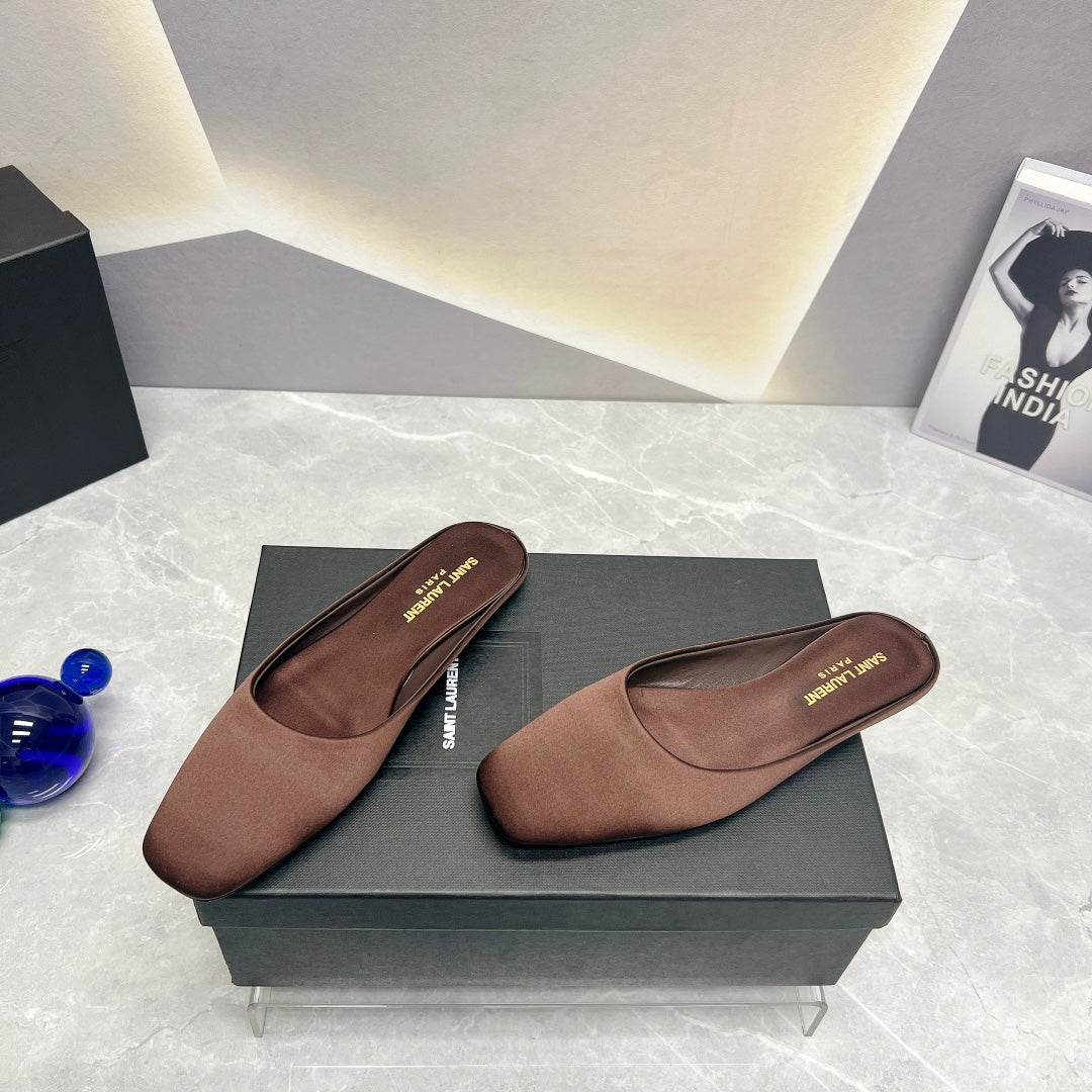 SL SQUARE TOE FLAT MULES BROWN SATIN