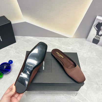SL SQUARE TOE FLAT MULES BROWN SATIN