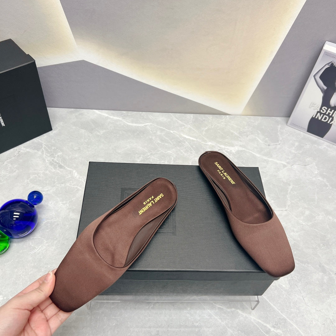 SL SQUARE TOE FLAT MULES BROWN SATIN