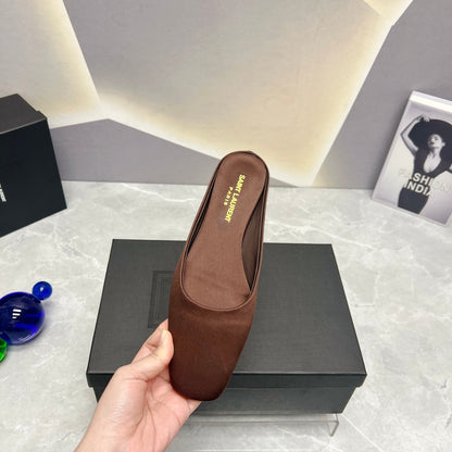 SL SQUARE TOE FLAT MULES BROWN SATIN
