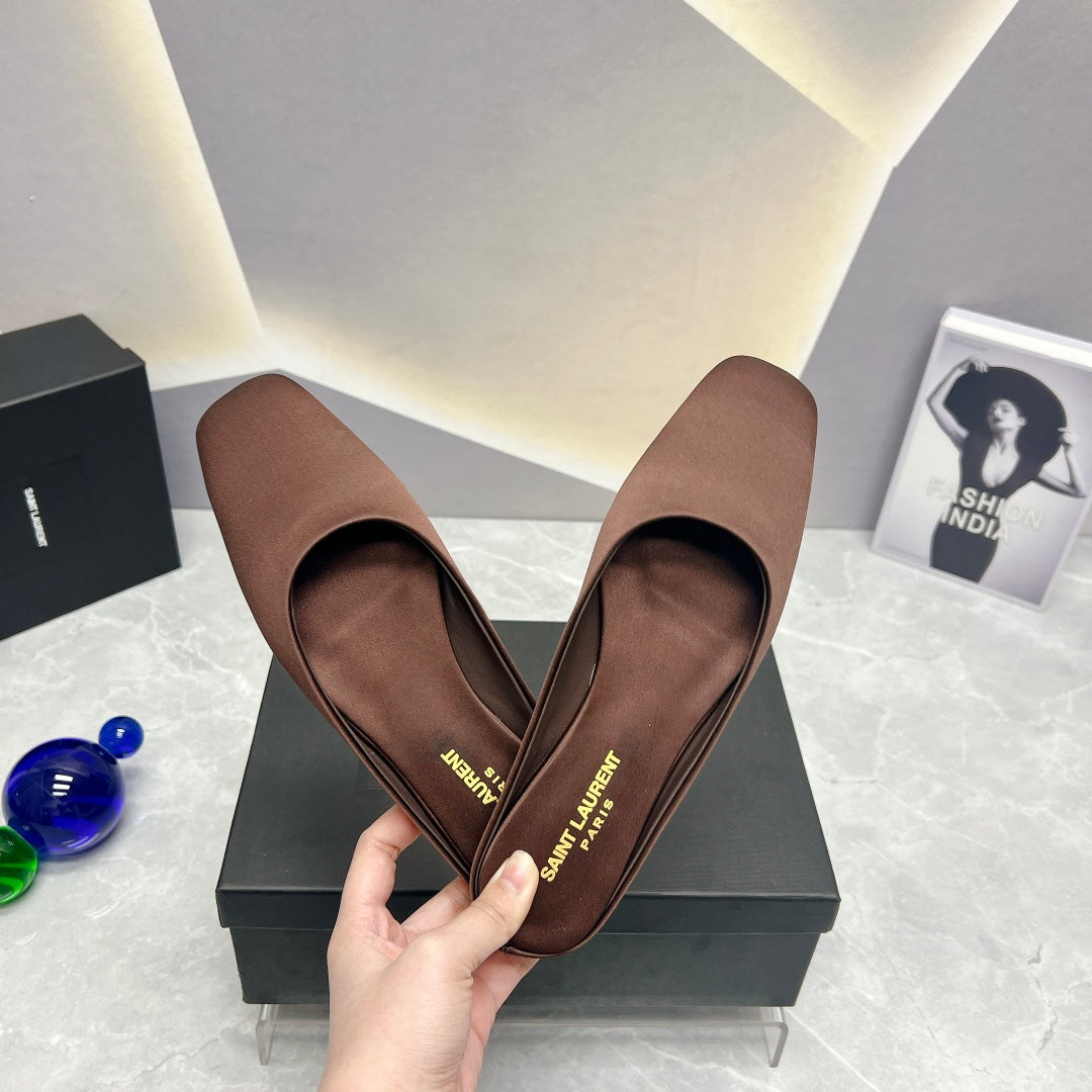 SL SQUARE TOE FLAT MULES BROWN SATIN