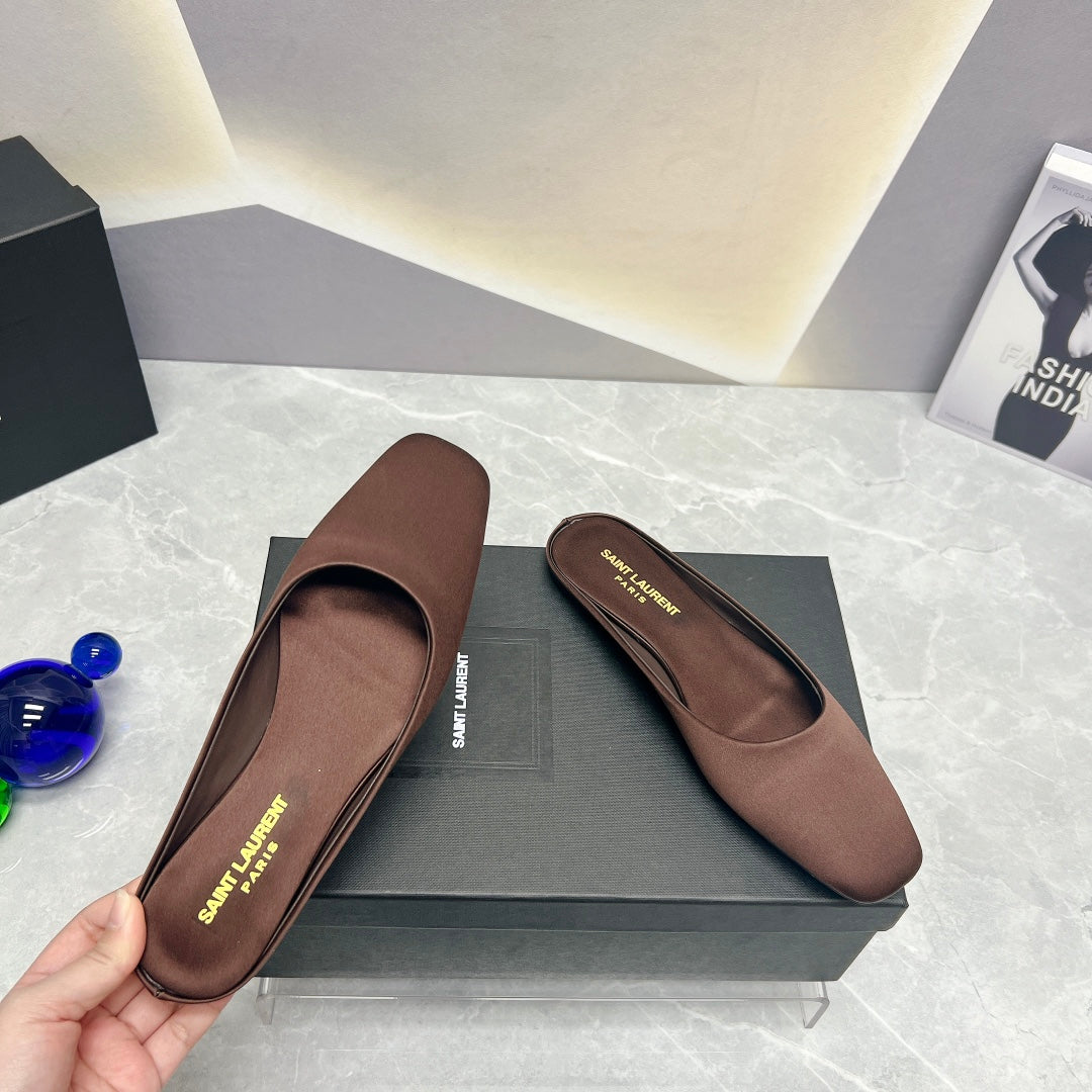 SL SQUARE TOE FLAT MULES BROWN SATIN