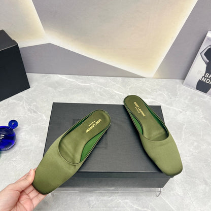 SL SQUARE TOE FLAT MULES MOSS SATIN