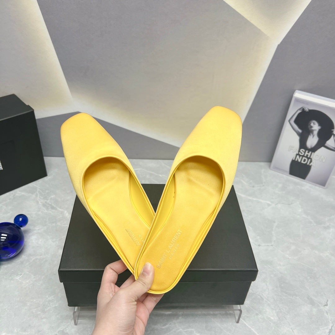 SL SQUARE TOE FLAT MULES LEMON SATIN