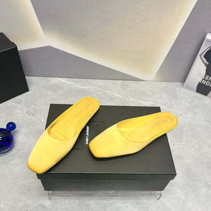 SL SQUARE TOE FLAT MULES LEMON SATIN