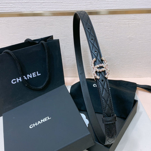 CC BELT 20MM IN BLACK EMBROIDERED CALFSKIN GOLD HARDWARE ATTACH PEARLS