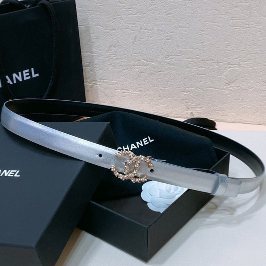 CC BELT 20MM IN SILVER GREY CALFSKIN GOLD HARDWARE ATTACH PEARLS
