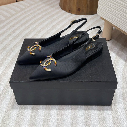CC SLINGBACKS BLACK SATIN AND LAMBSKIN