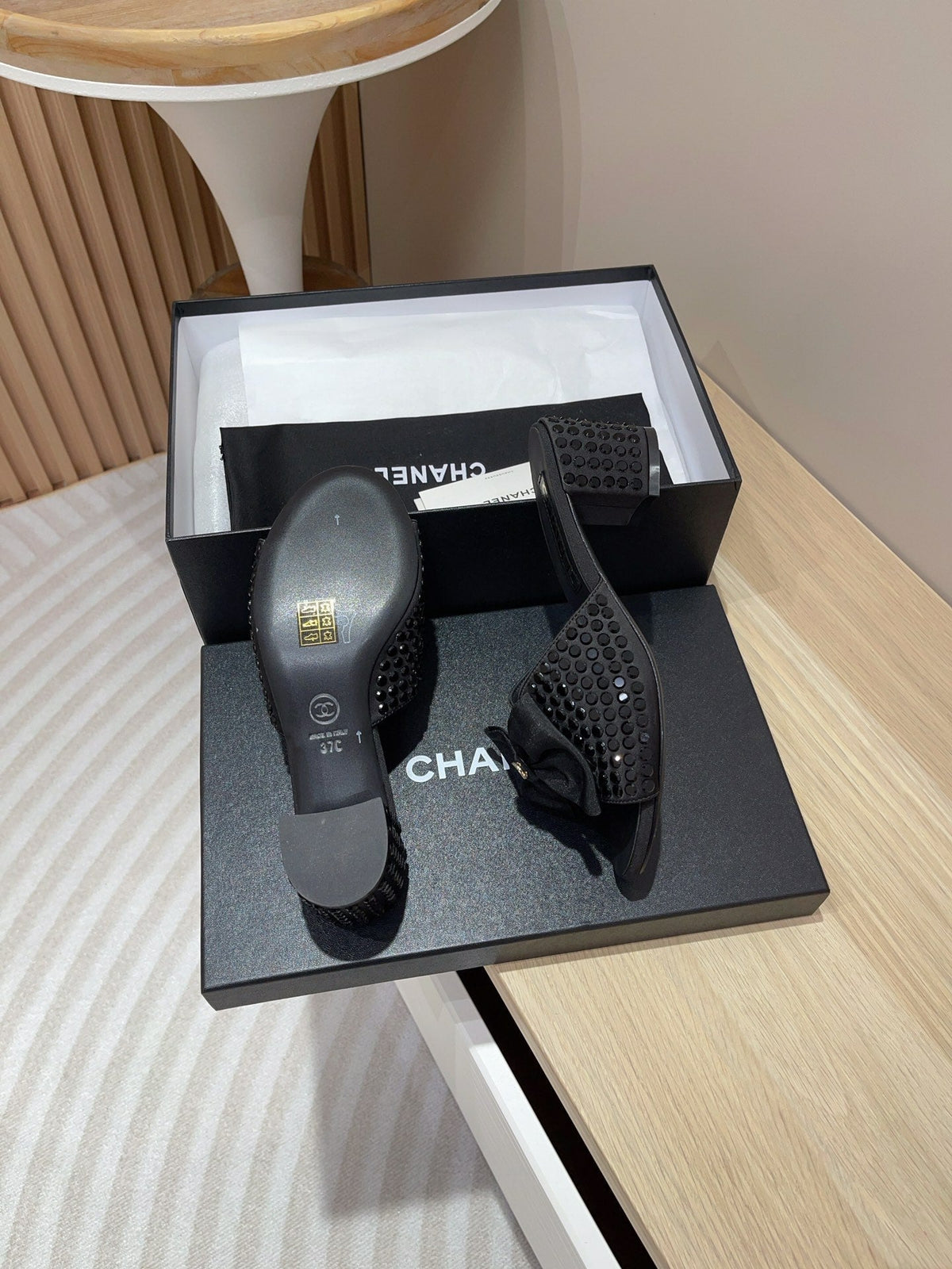 CC HIGH HEEL BLACK SATIN WITH RHINESTONES