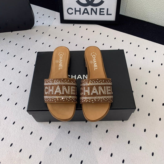 CC RHINESTONE LETTER SLIPPERS CINNAMON BROWN LAMBSKIN