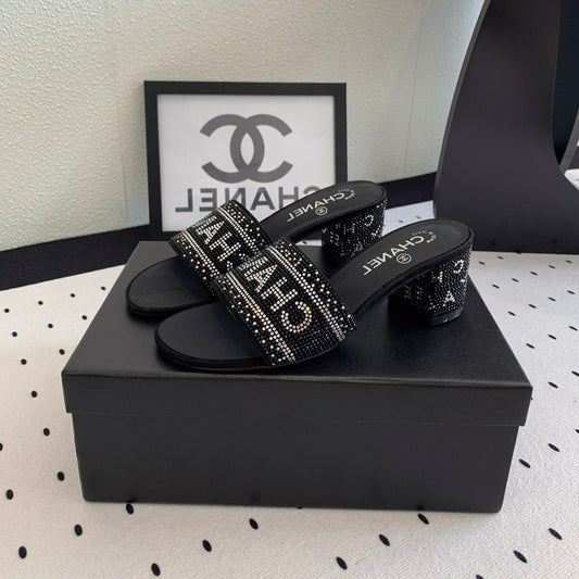 CC RHINESTONE LETTER HIGH HEELS BLACK AND WHITE LAMBSKIN