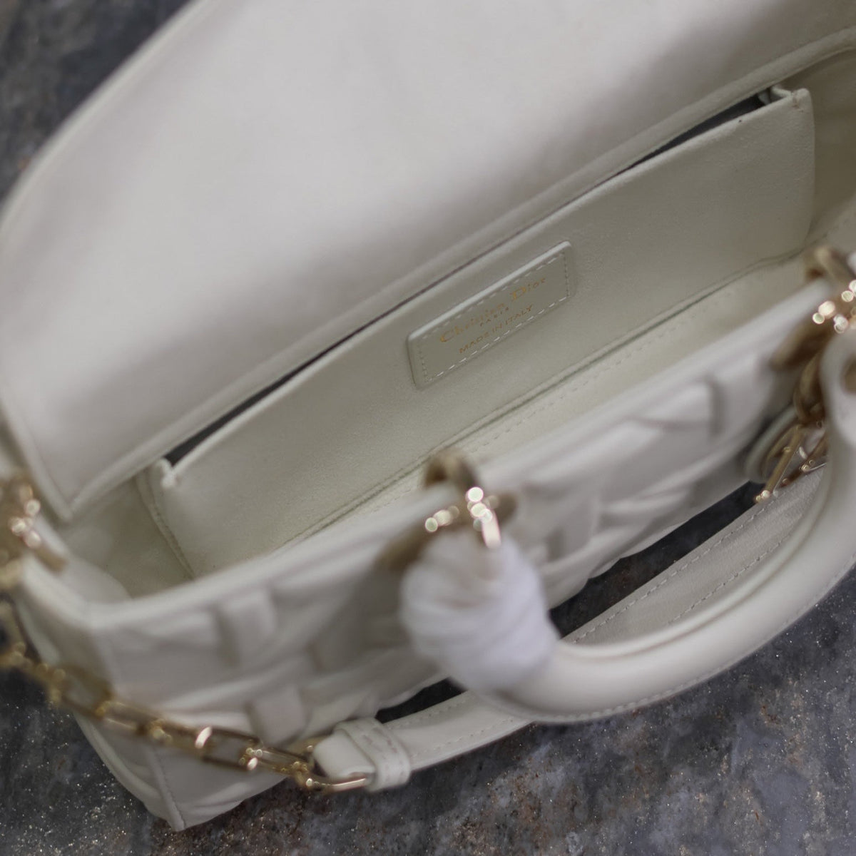 LADY D-JOY BAG 26 IN WHITE GRAPHIC CANNAGE CALFSKIN PALE GOLD-FINISH METAL CHARMS