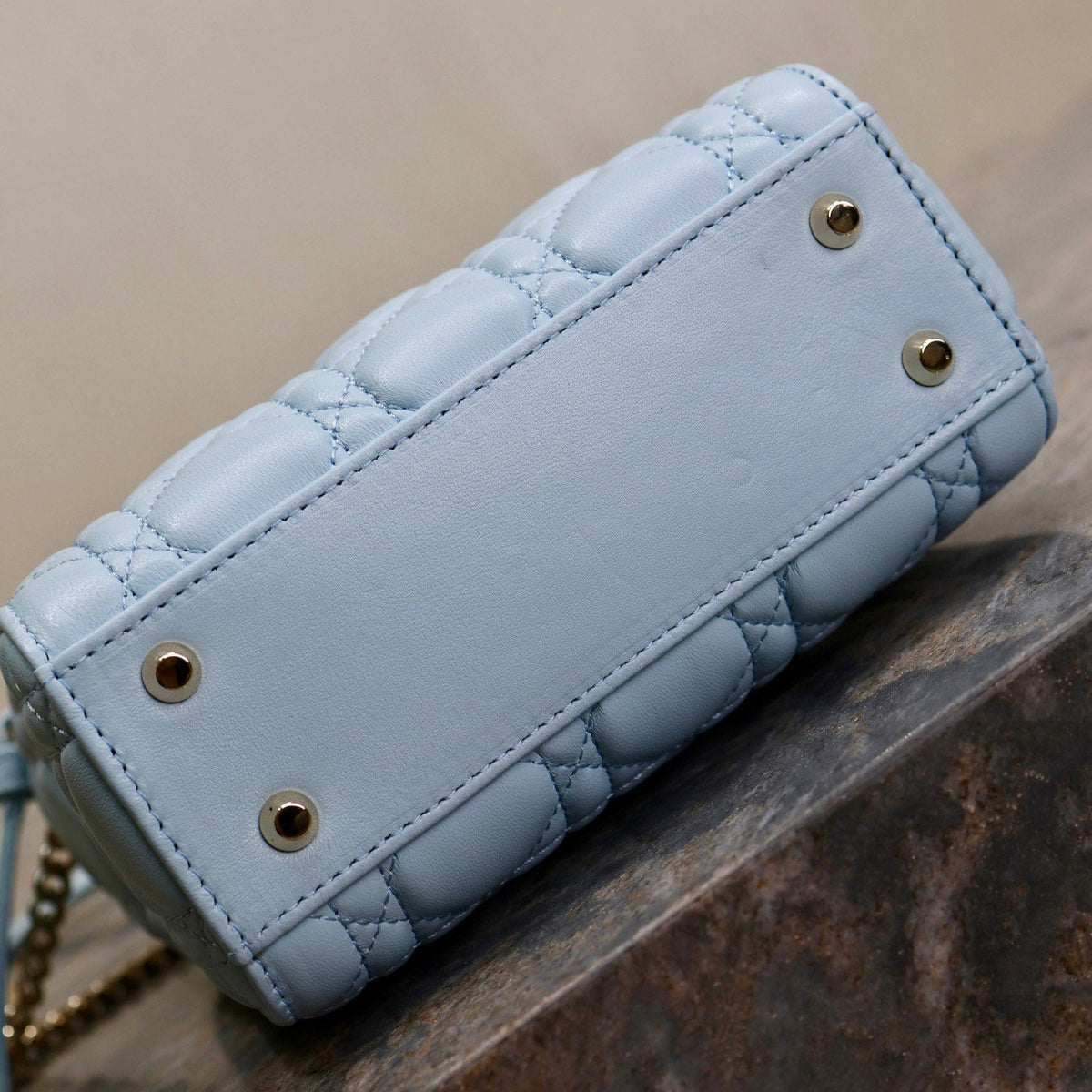 MINI LADY BAG 17 IN BABY BLUE QUILTED MACROCANNAGE CALFSKIN GREEN STRAP