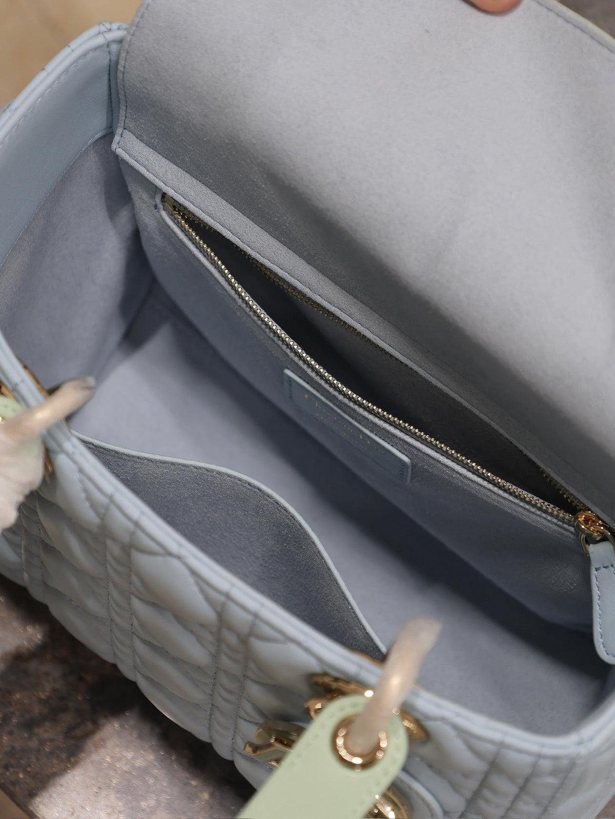 LADY BAG 24 IN BABY BLUE QUILTED MACROCANNAGE CALFSKIN GREEN STRAP
