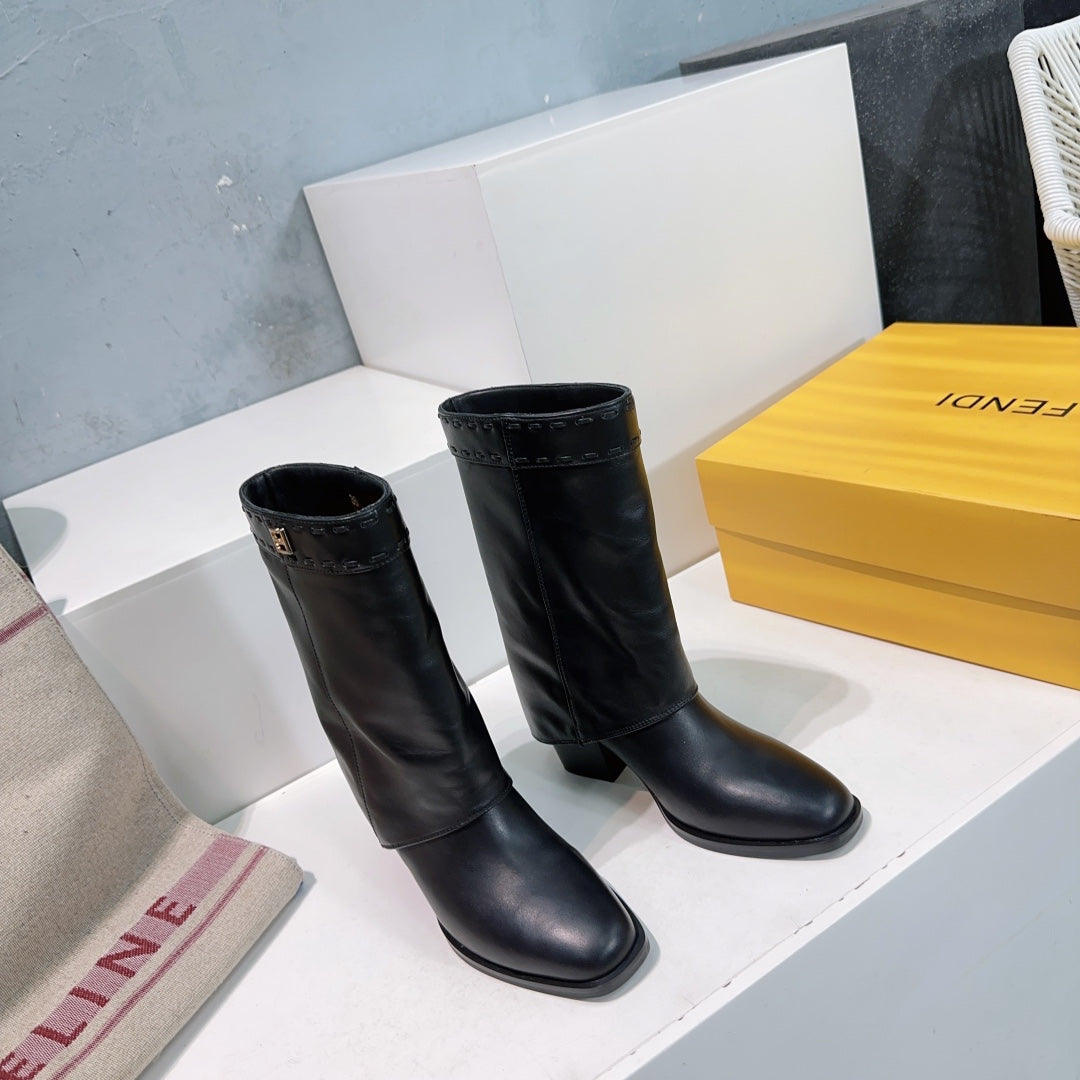 FENDI SHOW BLACK LEATHER HIGH-HEELED ANKLE BOOTS