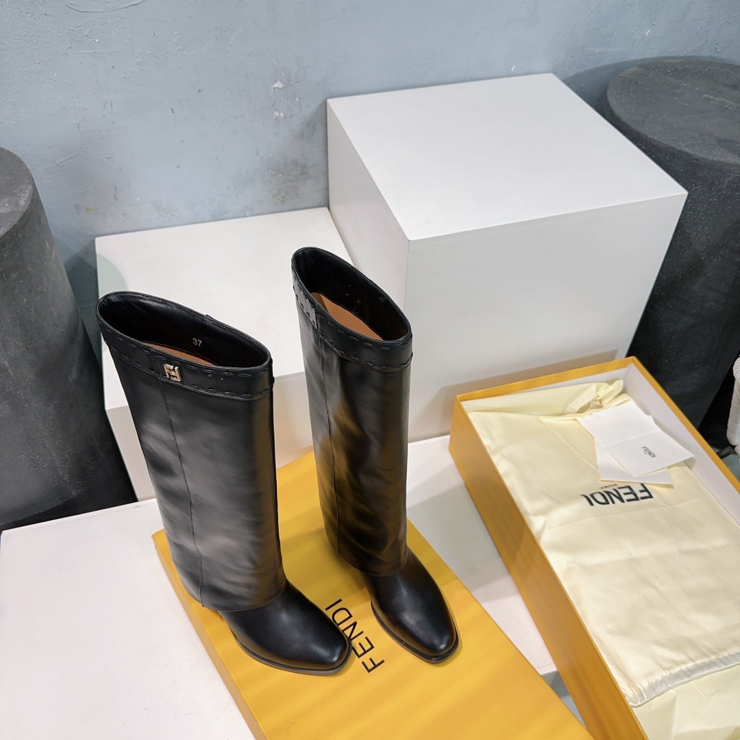 FENDI SHOW BLACK LEATHER HIGH-HEELED BOOTS