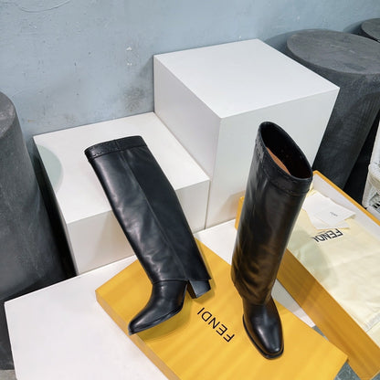 FENDI SHOW BLACK LEATHER HIGH-HEELED BOOTS