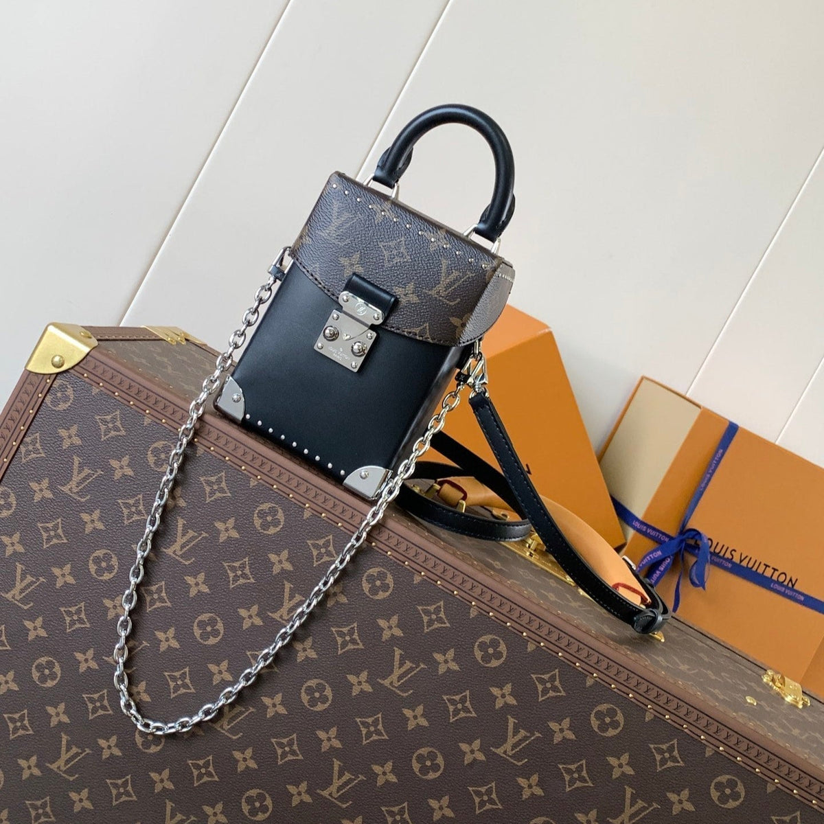 CAMERA BOX VIVE BAG 17 IN BLACK MONOGRAM CALFSKIN SILVER-TONE METALLIC