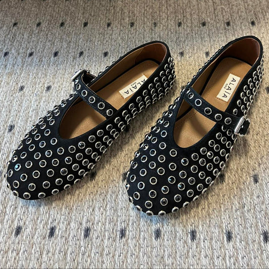 STRASS BALLET FLATS IN BLACK LAMBSKIN