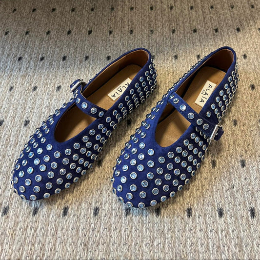 STRASS BALLET FLATS IN COBALT BLUE LAMBSKIN