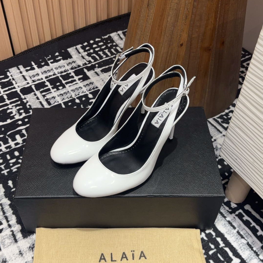 SLINGBACK HEEL 10 CM IN WHITE PATENT CALFSKIN