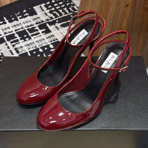 SLINGBACK HEEL 10 CM IN BERRY RED PATENT CALFSKIN