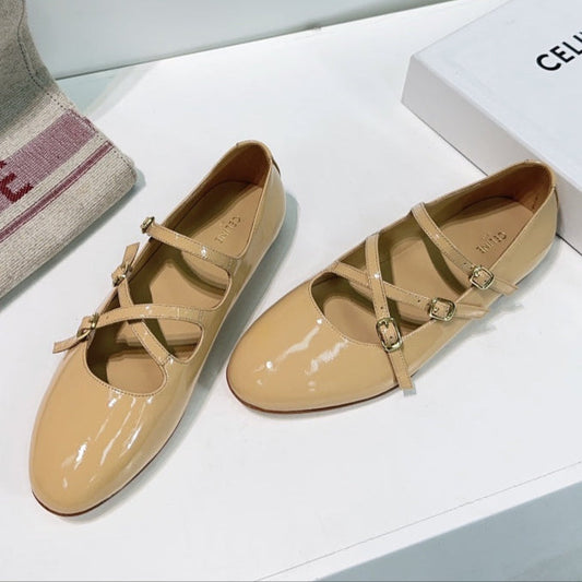 LES BALLERINES CELINE BABIES IN CAMEL BEIGE PATENT CALFSKIN