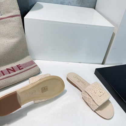 KNIT CAMEL BEIGE FABRIC FLAT SLIDE
