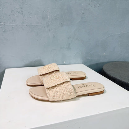 KNIT CAMEL BEIGE FABRIC FLAT SLIDE