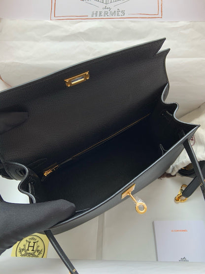 HERM Kelly, 25cm, Noir, Epsom