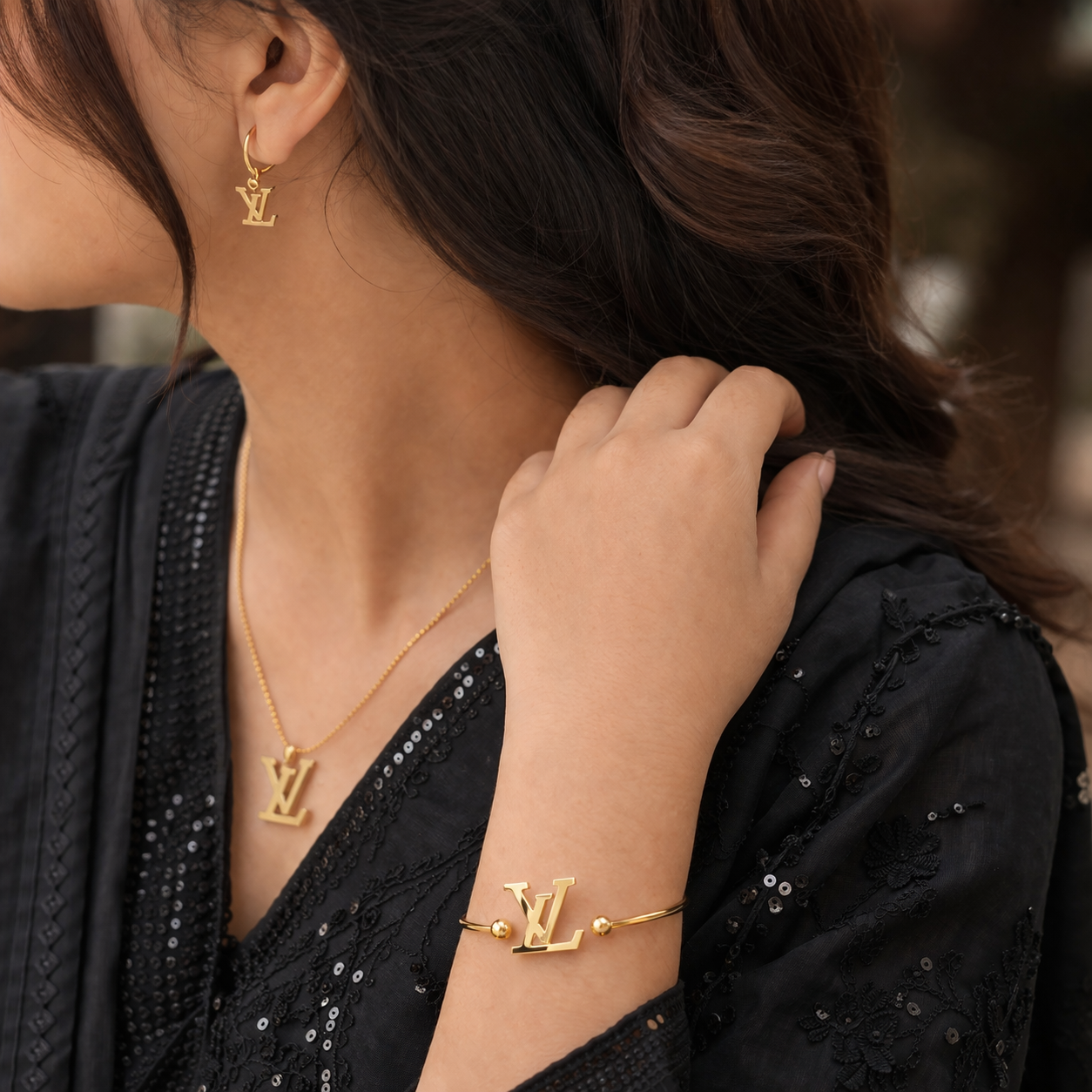 Stainless Steel Jewelry Set  Gold Earrings, Bracelet & Pendant Necklace for Women