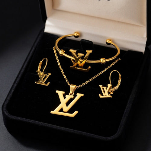 Stainless Steel Jewelry Set  Gold Earrings, Bracelet & Pendant Necklace for Women