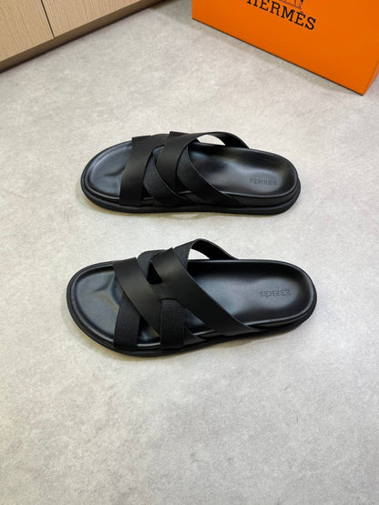 KAZIMIR SANDAL IN BLACK CALFSKIN AND CANVAS