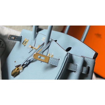 HERM Birkin 25cm Bag In Blue Lin Clemence Leather GHW
