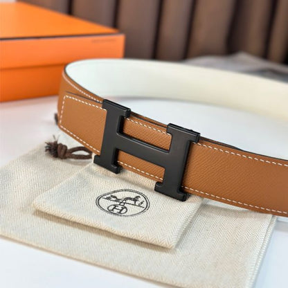 HERM H Reversible 38MM Belt with matte Buckle in White and Gold Epsom Leather