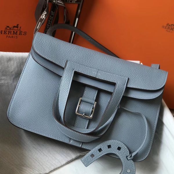 HERM Halzan 31cm Bag In Blue Lin Clemence Leather