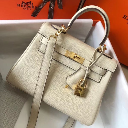 HERM Kelly 20cm Bag In Craie Clemence Leather GHW