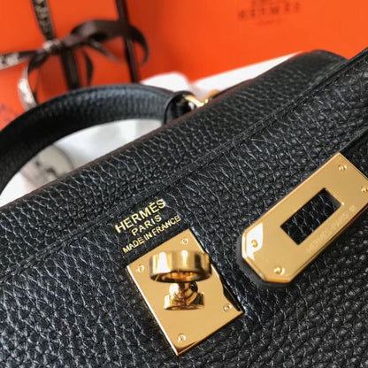 HERM Kelly 20cm Bag In Black Clemence Leather GHW