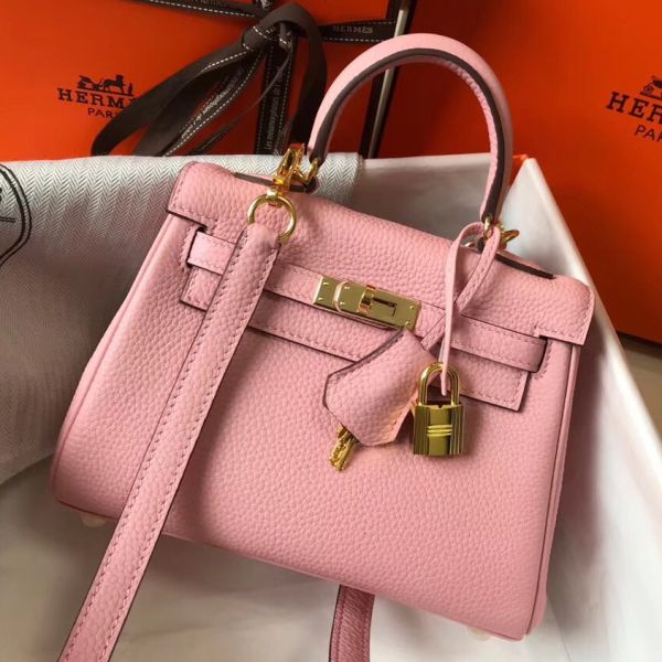 HERM Kelly 20cm Bag In Pink Clemence Leather GHW