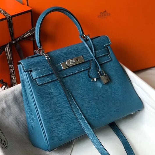 HERM Kelly 25cm Retourne Bag In Blue Jean Clemence Leather