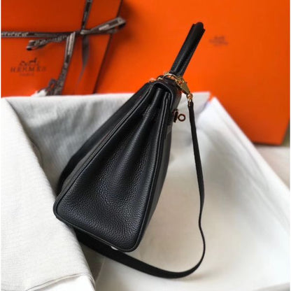 HERM Kelly 25cm Retourne Bag In Black Clemence Leather