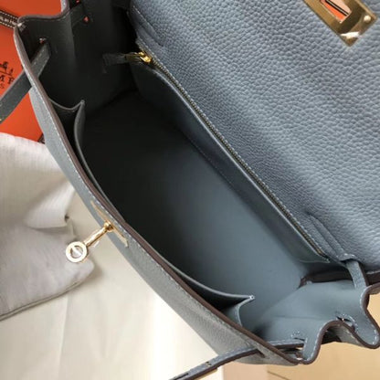 HERM Kelly 28cm Bag In Blue Lin Clemence Leather GHW
